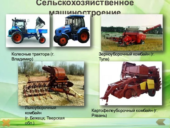 Сельскохозяйственное машиностроение Зерноуборочный комбайн (г. Тула) Картофелеуборочный комбайн (г. Рязань)