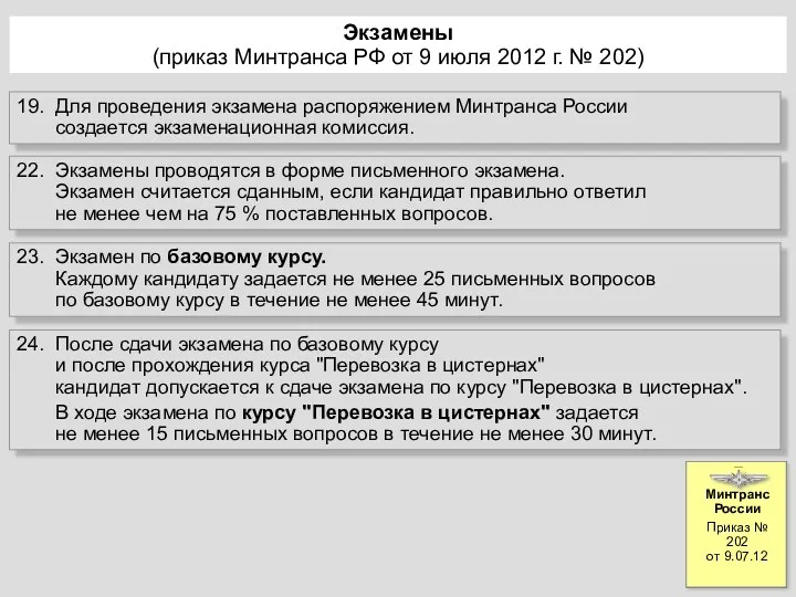 Экзамены (приказ Минтранса РФ от 9 июля 2012 г. № 202) 19. Для