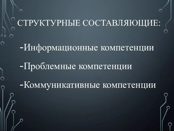 СТРУКТУРНЫЕ СОСТАВЛЯЮЩИЕ: Информационные компетенции Проблемные компетенции Коммуникативные компетенции