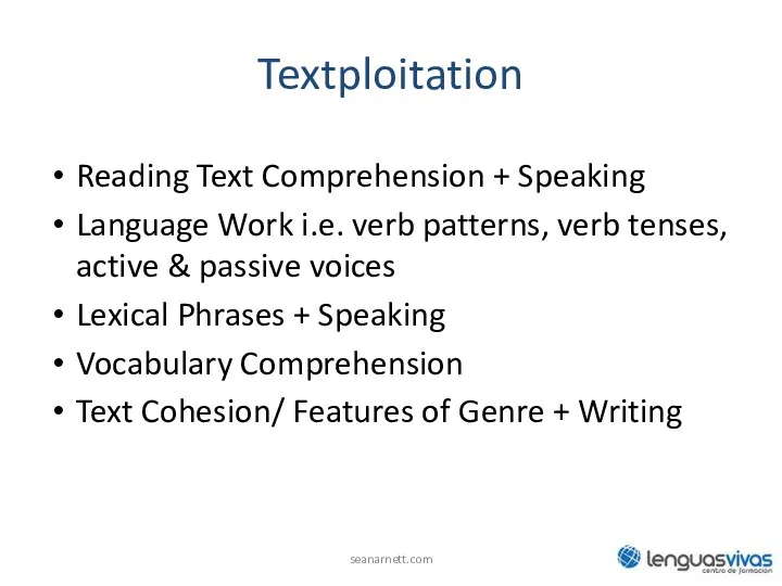 Textploitation Reading Text Comprehension + Speaking Language Work i.e. verb