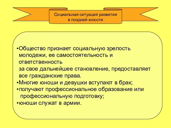 Социальная ситуация развития в поздней юности Общество признает социальную зрелость