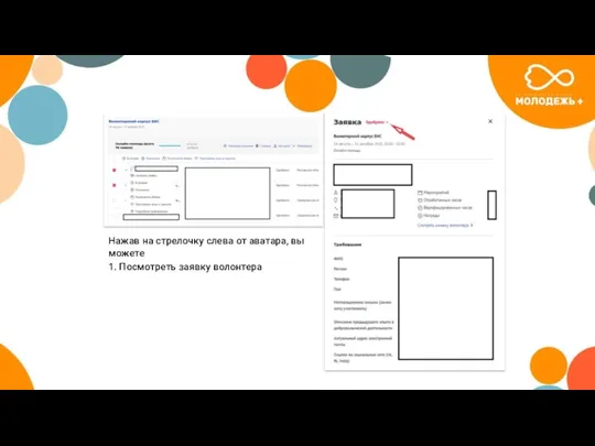 Нажав на стрелочку слева от аватара, вы можете 1. Посмотреть заявку волонтера