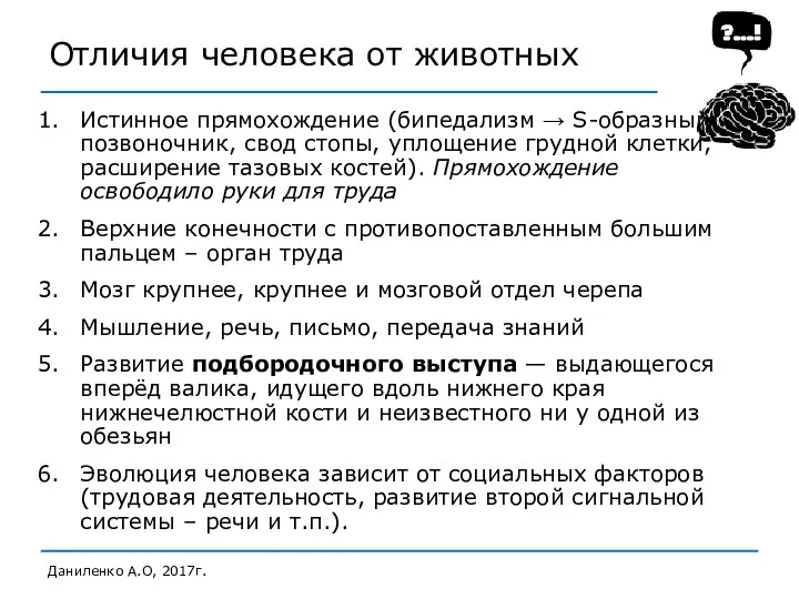 Отличия человека от животных Даниленко А.О, 2017г. Истинное прямохождение (бипедализм