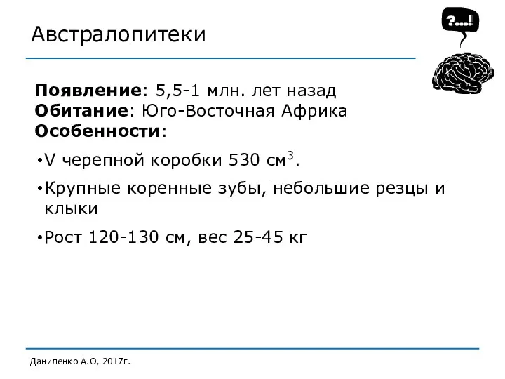 Австралопитеки Даниленко А.О, 2017г. Появление: 5,5-1 млн. лет назад Обитание: