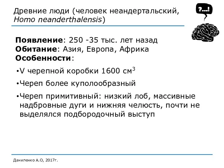 Даниленко А.О, 2017г. Появление: 250 -35 тыс. лет назад Обитание: