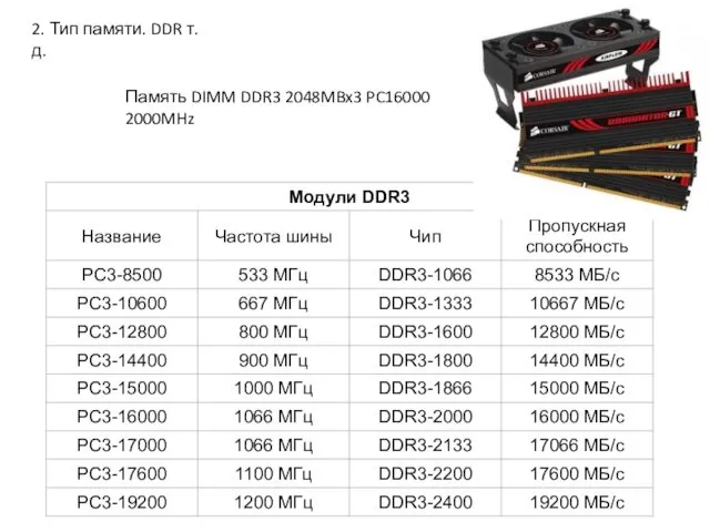 2. Тип памяти. DDR т.д. Память DIMM DDR3 2048MBx3 PC16000 2000MHz