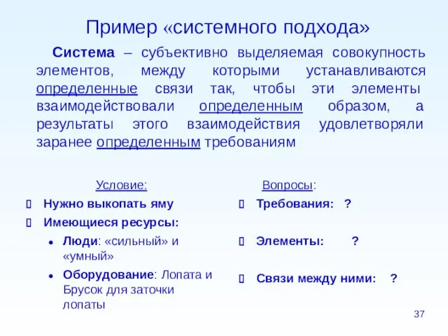 Пример «системного подхода» Условие: Нужно выкопать яму Имеющиеся ресурсы: Люди: