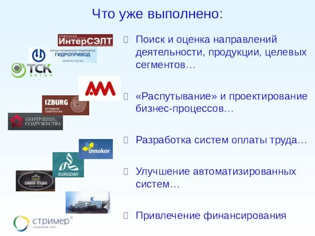 Что уже выполнено: Поиск и оценка направлений деятельности, продукции, целевых