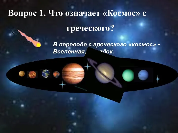 Вопрос 1. Что означает «Космос» с греческого? В переводе с греческого «космос» - Вселенная, порядок.