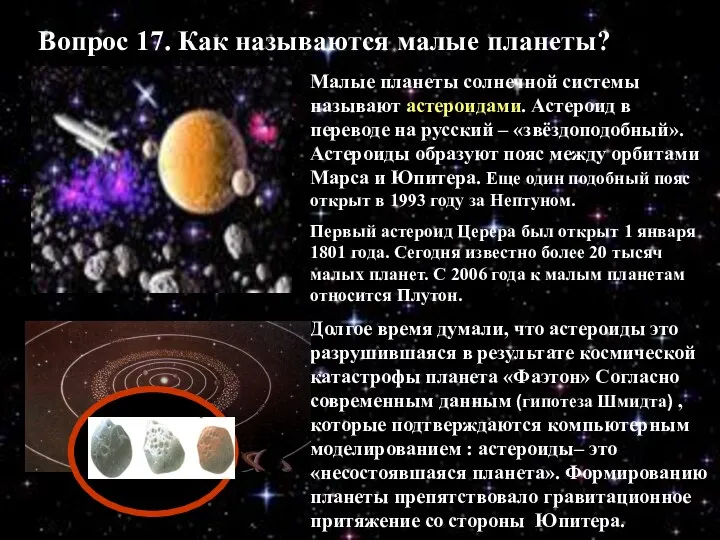 Вопрос 17. Как называются малые планеты? Малые планеты солнечной системы