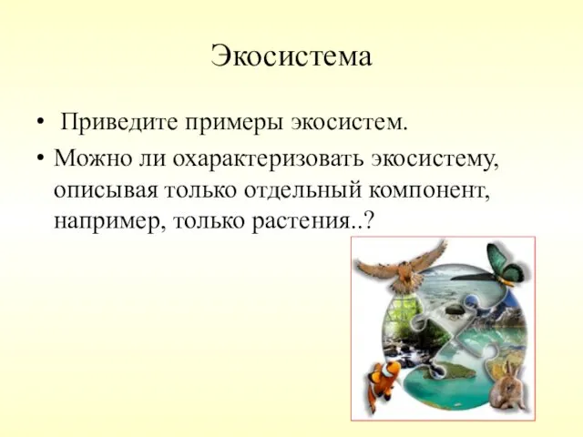 Экосистема Приведите примеры экосистем. Можно ли охарактеризовать экосистему, описывая только отдельный компонент, например, только растения..?