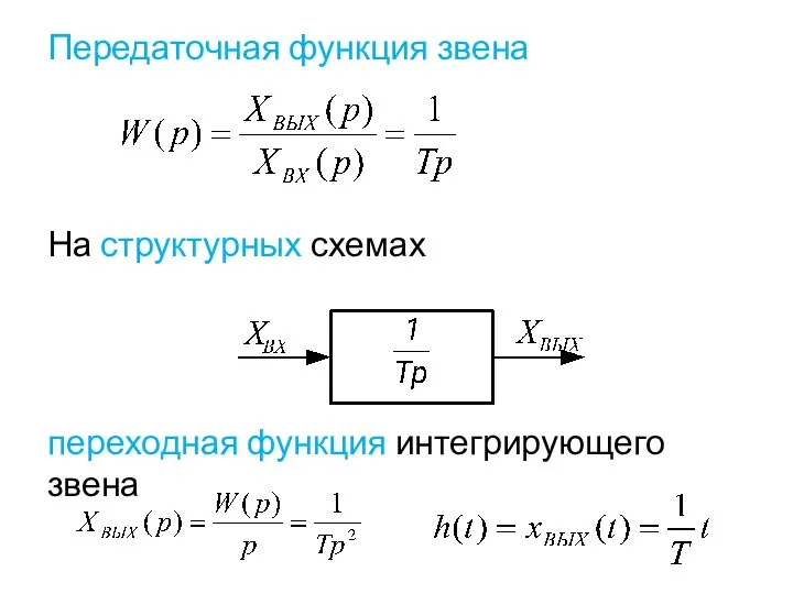 Передаточная функция звена На структурных схемах переходная функция интегрирующего звена