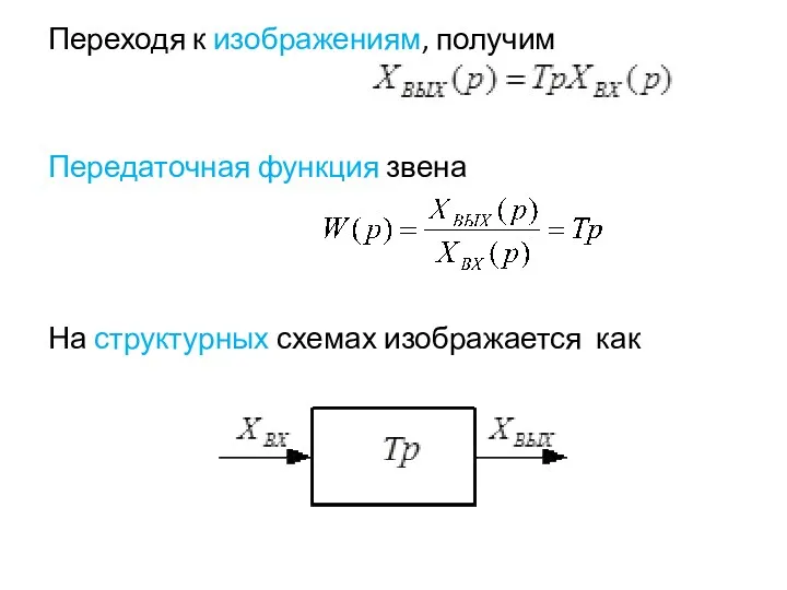 Переходя к изображениям, получим Передаточная функция звена На структурных схемах изображается как