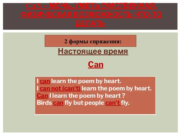 2 формы спряжения: Настоящее время Can CAN – МОЧЬ, УМЕТЬ (УМСТВЕННАЯ, ФИЗИЧЕСКАЯ ВОЗМОЖНОСТЬ ЧТО-ТО ДЕЛАТЬ)