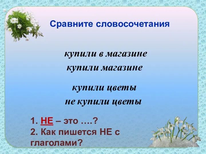 Сравните словосочетания купили цветы не купили цветы купили в магазине