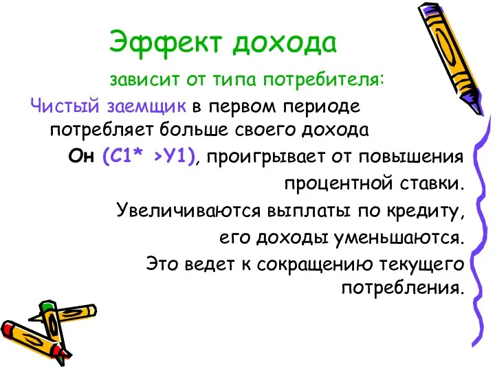 Эффект дохода зависит от типа потребителя: Чистый заемщик в первом