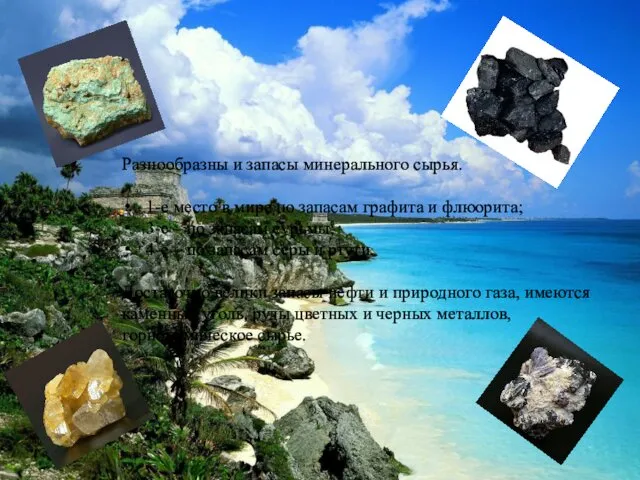 Разнообразны и запасы минерального сырья. 1-е место в мире по