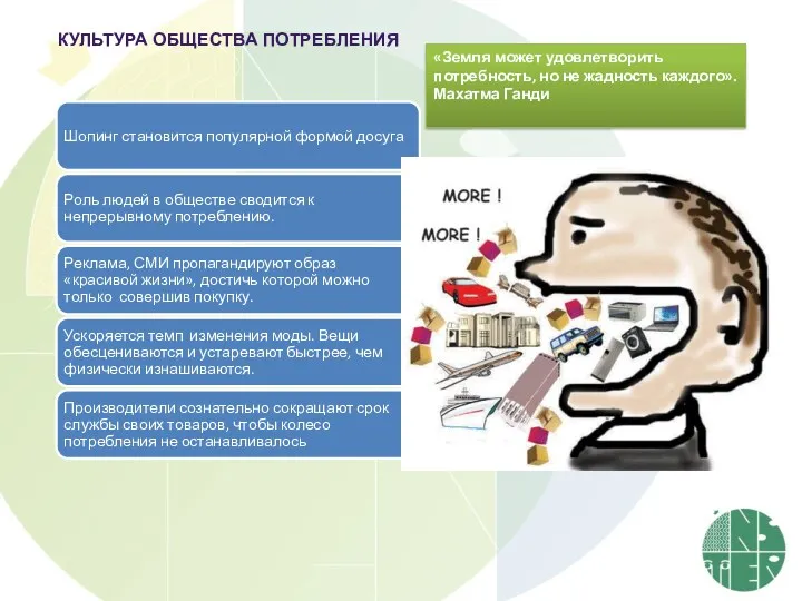 КУЛЬТУРА ОБЩЕСТВА ПОТРЕБЛЕНИЯ «Земля может удовлетворить потребность, но не жадность каждого». Махатма Ганди