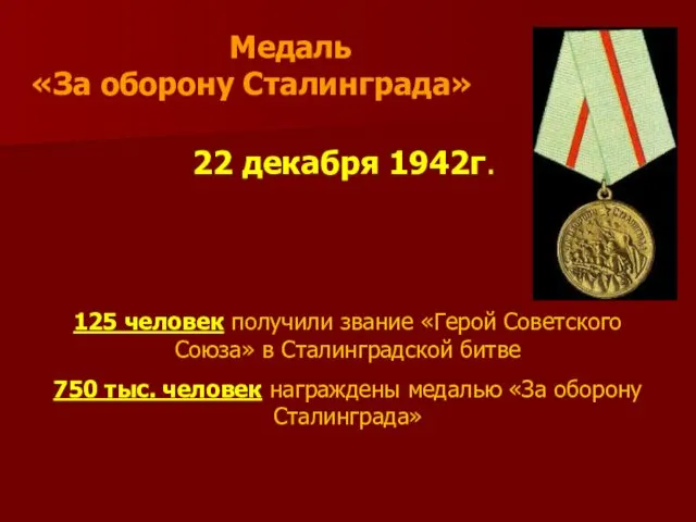 22 декабря 1942г. 125 человек получили звание «Герой Советского Союза» в Сталинградской битве
