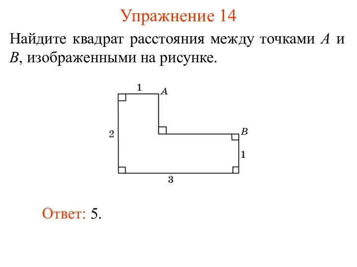 Упражнение 14 Найдите квадрат расстояния между точками A и B, изображенными на рисунке. Ответ: 5.