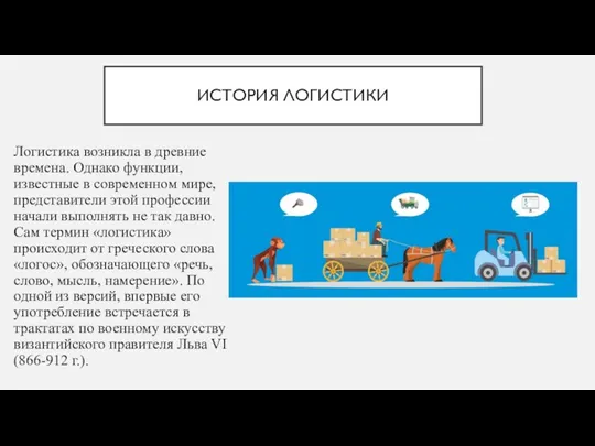 ИСТОРИЯ ЛОГИСТИКИ Логистика возникла в древние времена. Однако функции, известные в современном мире,