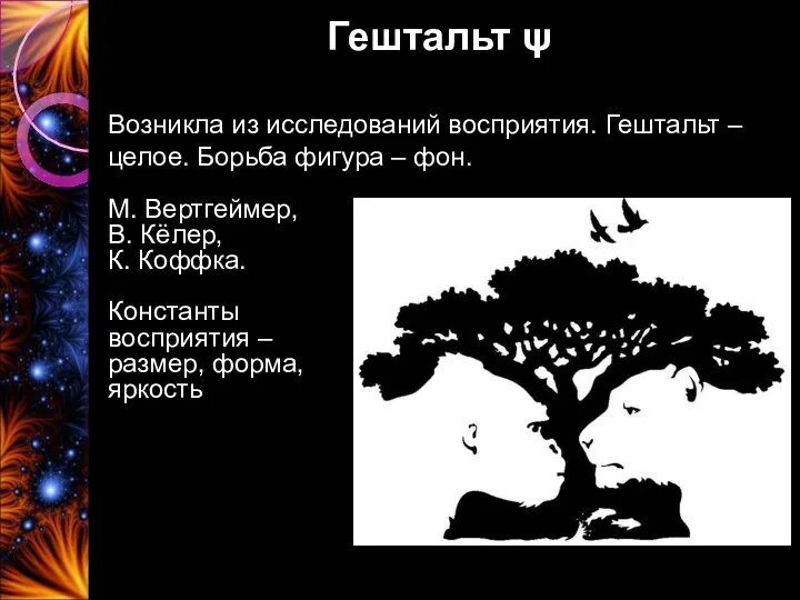 Гештальт ψ Возникла из исследований восприятия. Гештальт – целое. Борьба