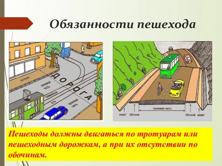 Обязанности пешехода Пешеходы должны двигаться по тротуарам или пешеходным дорожкам, а при их отсутствии по обочинам.