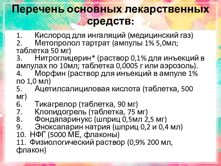 Перечень основных лекарственных средств: 1. Кислород для ингаляций (медицинский газ)