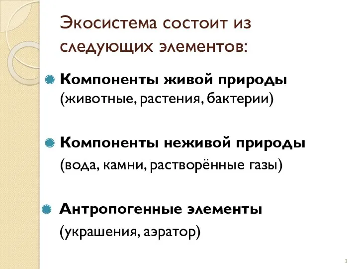 Экосистема состоит из следующих элементов: Компоненты живой природы (животные, растения,