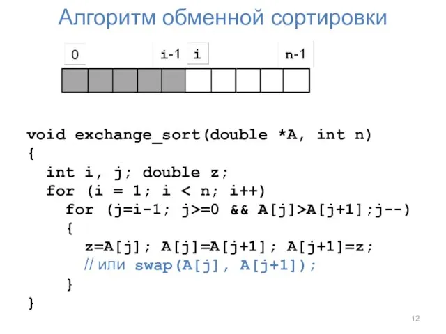 Алгоритм обменной сортировки void exchange_sort(double *A, int n) { int i, j; double