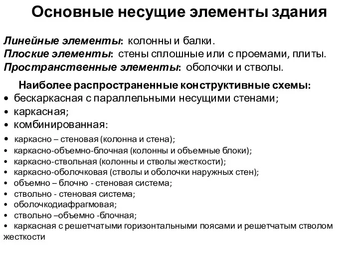 Основные несущие элементы здания Линейные элементы: колонны и балки. Плоские