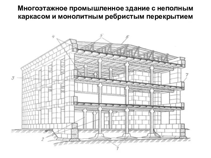 Многоэтажное промышленное здание с неполным каркасом и монолитным ребристым перекрытием