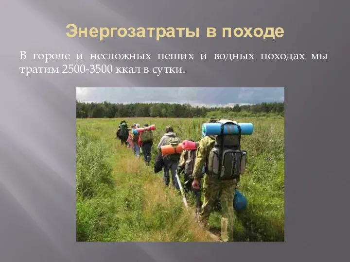 Энергозатраты в походе В городе и несложных пеших и водных