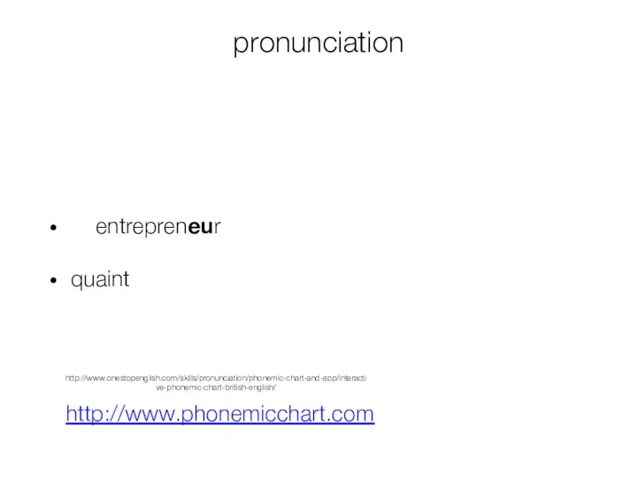 pronunciation entrepreneur quaint http://www.phonemicchart.com http://www.onestopenglish.com/skills/pronunciation/phonemic-chart-and-app/interactive-phonemic-chart-british-english/