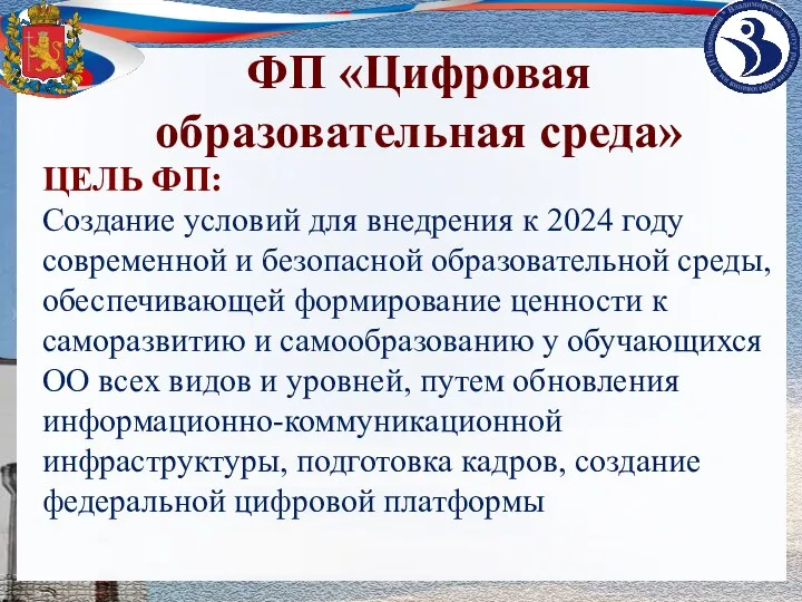 ЦЕЛЬ ФП: Создание условий для внедрения к 2024 году современной