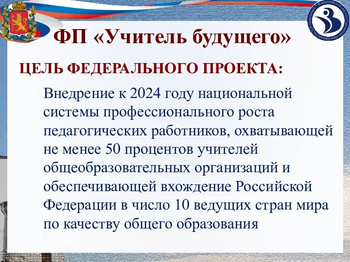 ЦЕЛЬ ФЕДЕРАЛЬНОГО ПРОЕКТА: ФП «Учитель будущего» Внедрение к 2024 году