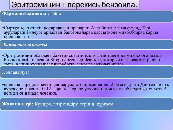 Эритромицин + перекись бензоила. Фармакотерапиялық тобы Сыртқа әсер ететін қосарланған