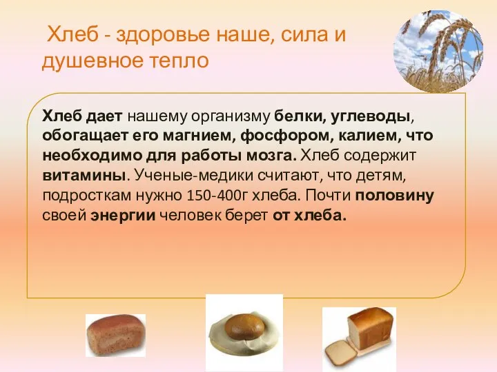 Хлеб дает нашему организму белки, углеводы, обогащает его магнием, фосфором, калием, что необходимо