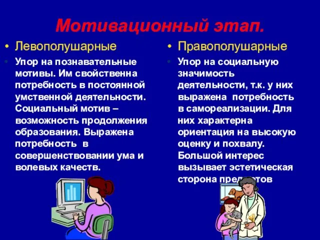 Мотивационный этап. Левополушарные Упор на познавательные мотивы. Им свойственна потребность