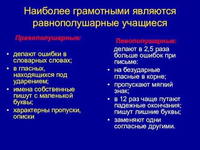 Наиболее грамотными являются равнополушарные учащиеся Левополушарные: делают в 2,5 раза