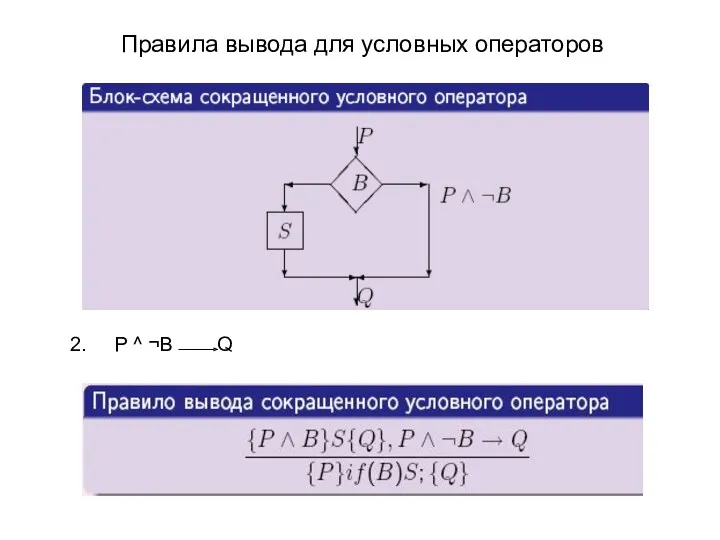 Правила вывода для условных операторов 2. P ^ ¬B Q