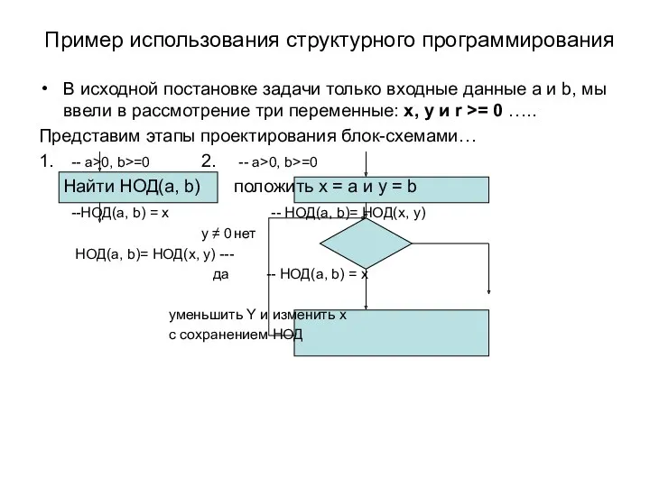 Пример использования структурного программирования В исходной постановке задачи только входные данные a и