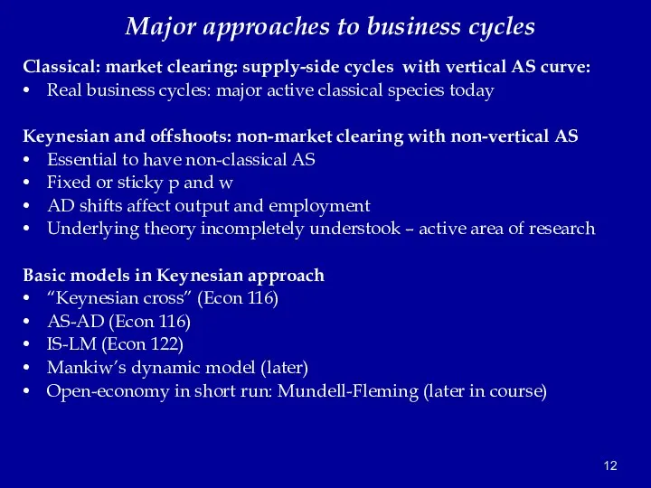 Major approaches to business cycles Classical: market clearing: supply-side cycles