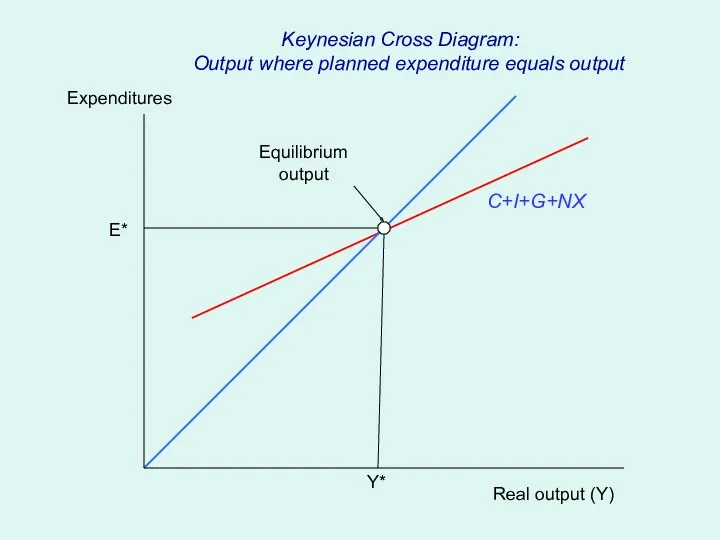 Real output (Y) Expenditures C+I+G+NX Y* E* Equilibrium output Keynesian