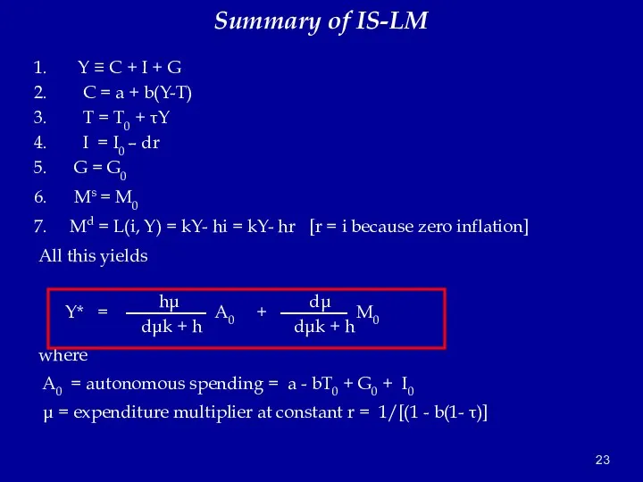 Summary of IS-LM Y ≡ C + I + G