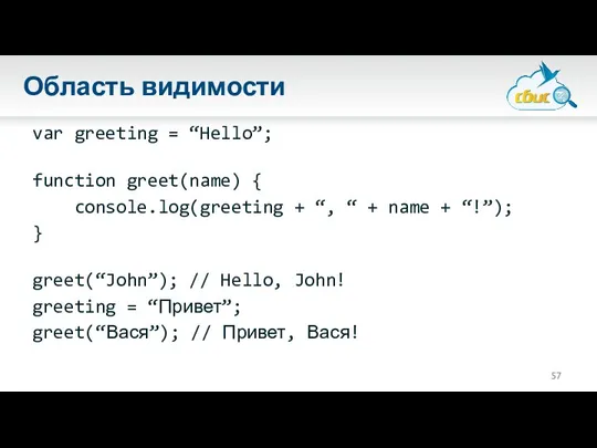 Область видимости var greeting = “Hello”; function greet(name) { console.log(greeting