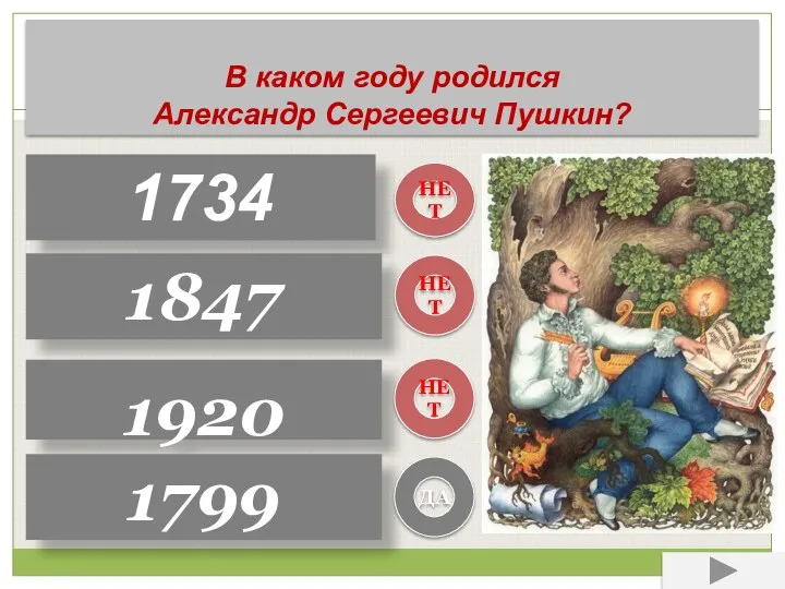 В каком году родился Александр Сергеевич Пушкин? 1734 1847 1920 1799 НЕТ НЕТ НЕТ ДА