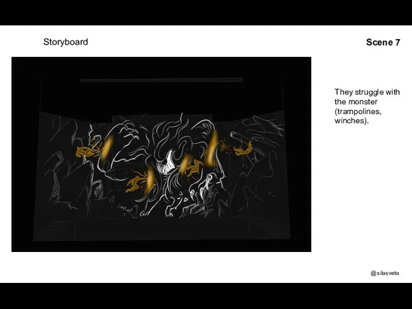 Storyboard They struggle with the monster (trampolines, winches). @silasveta Scene 7