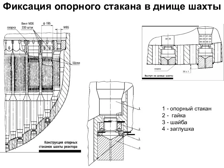 Фиксация опорного стакана в днище шахты 1 - опорный стакан