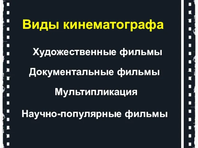 Виды кинематографа Художественные фильмы Документальные фильмы Мультипликация Научно-популярные фильмы